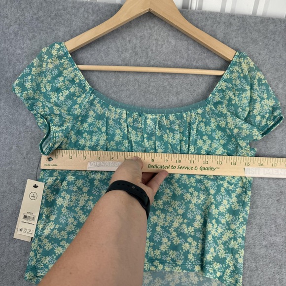 No Boundaries Top Womens M Teal Floral Sheer Crop Y2K Milkmaid Cottagecore Fairy - Picture 9 of 10